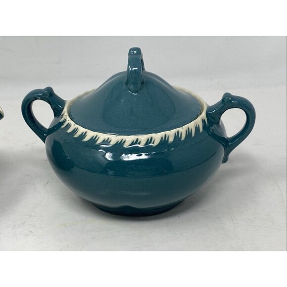 Harker Corinthian Dark Teal Green Sugar  Creamer Gadroon Edge Vintage Harkerware - Picture 8 of 12